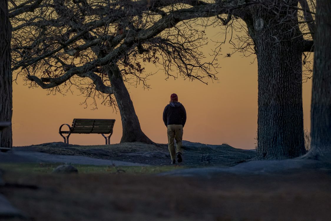Person walking slowly in a park at sunset