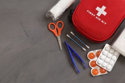 First aid kit with bandages and supplies