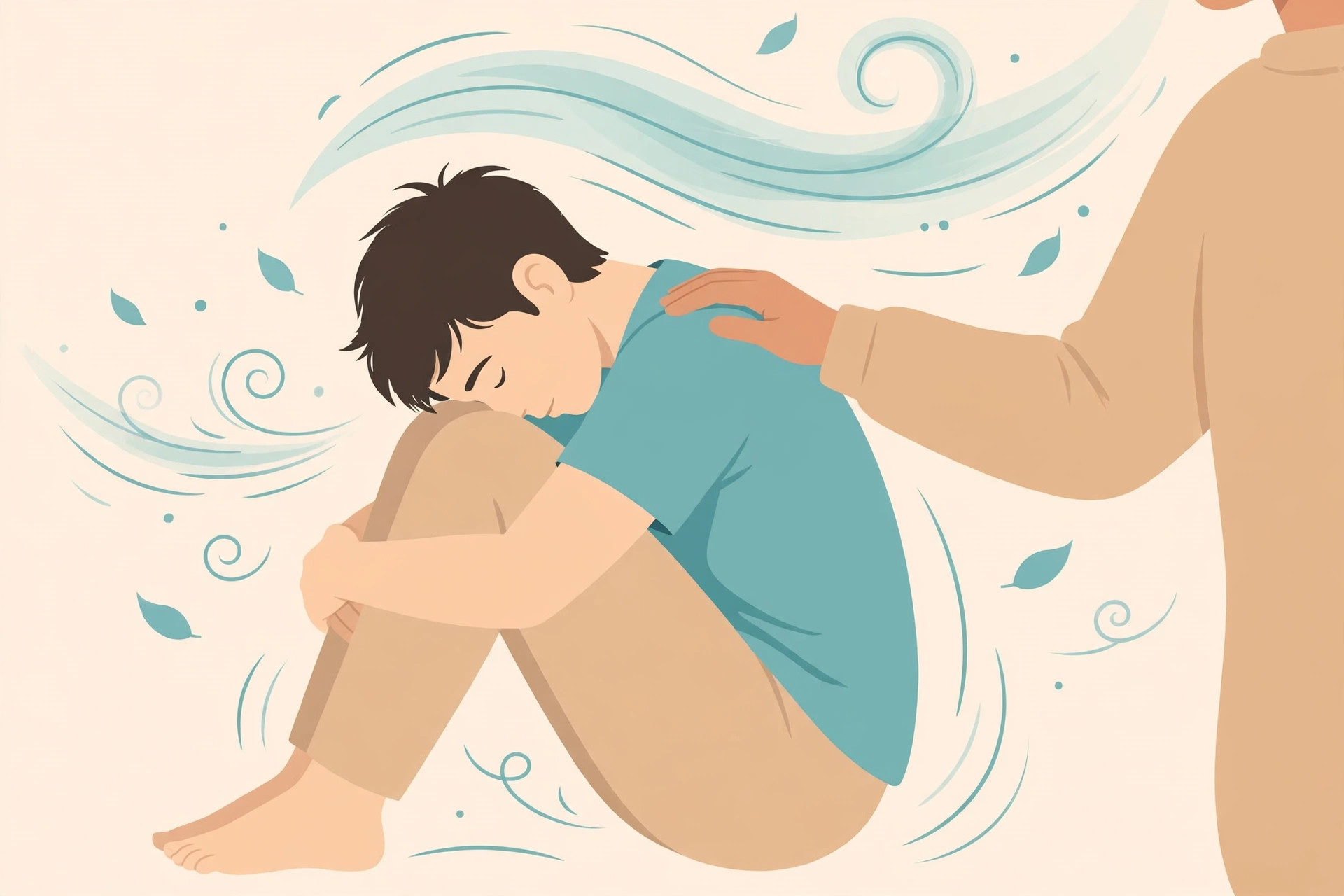Illustration: sitting with head lowered between knees while recovering from dizziness