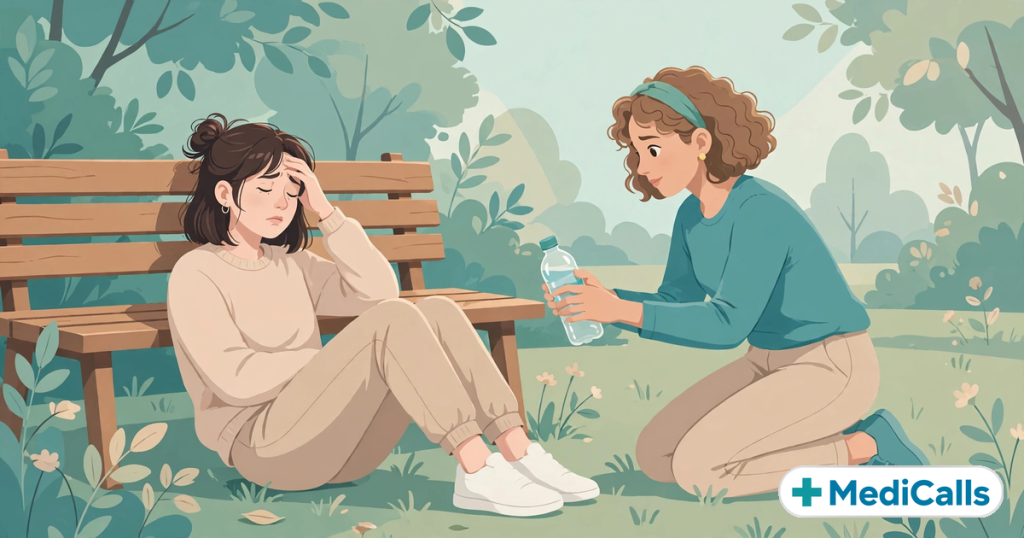 Illustration of a dizzy woman sitting safely by a park bench while a friend offers her water — first aid for fainting