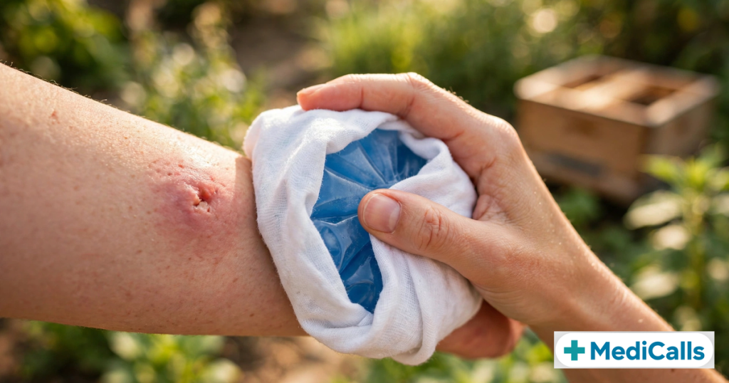 First aid for a bee or wasp sting: cold pack on the forearm