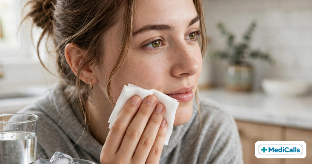 Woman pressing a clean gauze pad near her mouth after biting her tongue or cheek, with ice cubes and water nearby