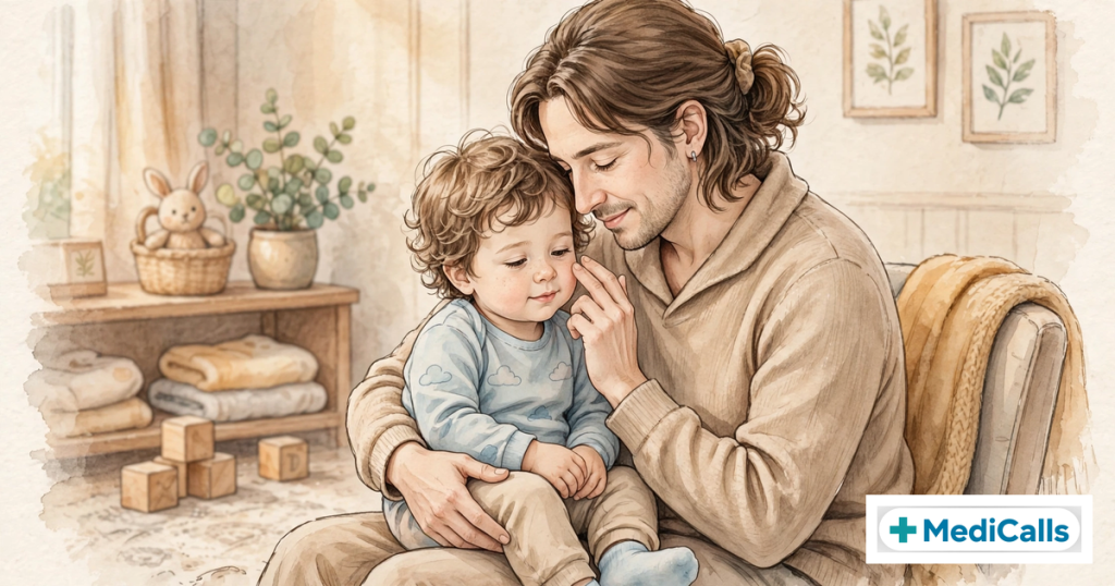 Parent calmly comforting a toddler — MediCalls guide illustration