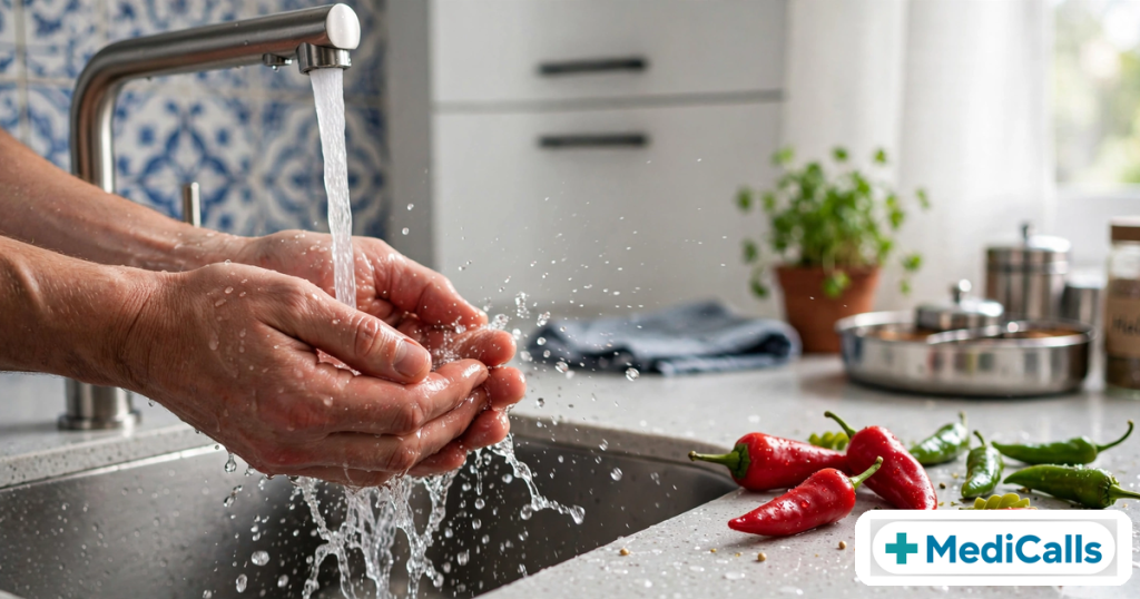 Hands being rinsed under a kitchen tap with red and green chillies nearby