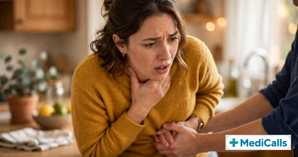 Woman clutching her throat — the universal choking sign