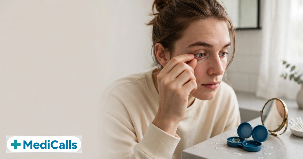 Person checking a stuck contact lens in a mirror with a lens case nearby