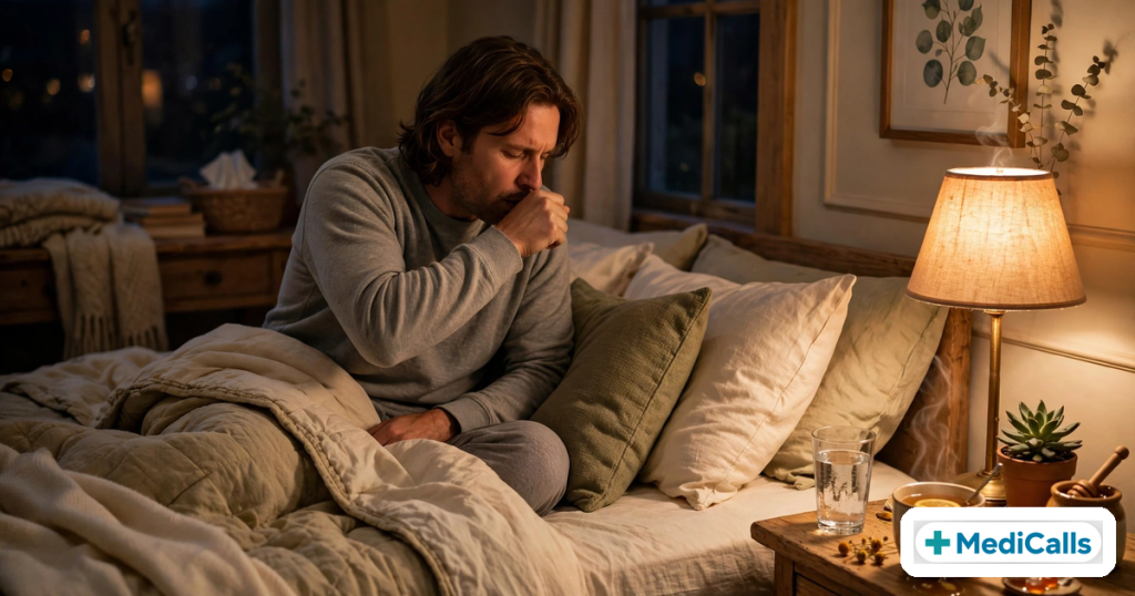 Person coughing into elbow at night with warm honey tea on bedside table