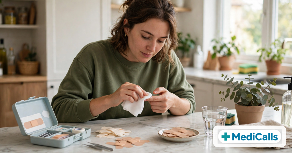 Person pressing a clean cloth against a small cut on their finger in a kitchen