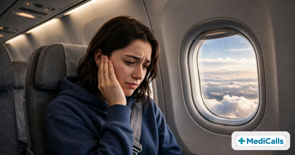 Passenger holding ear in airplane seat