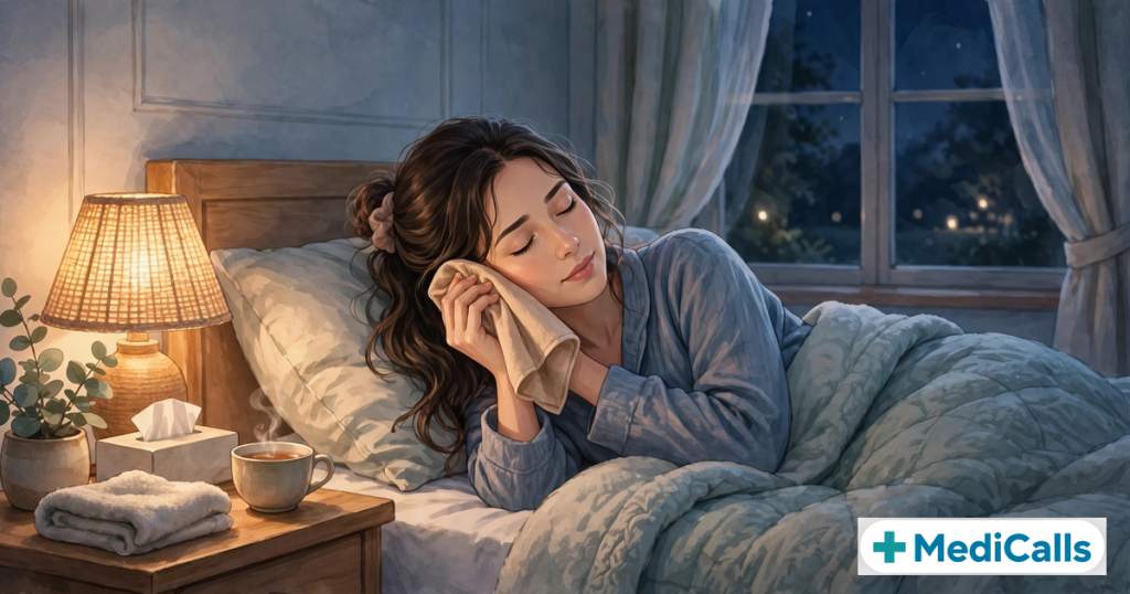 Person at night holding a warm cloth against an aching ear