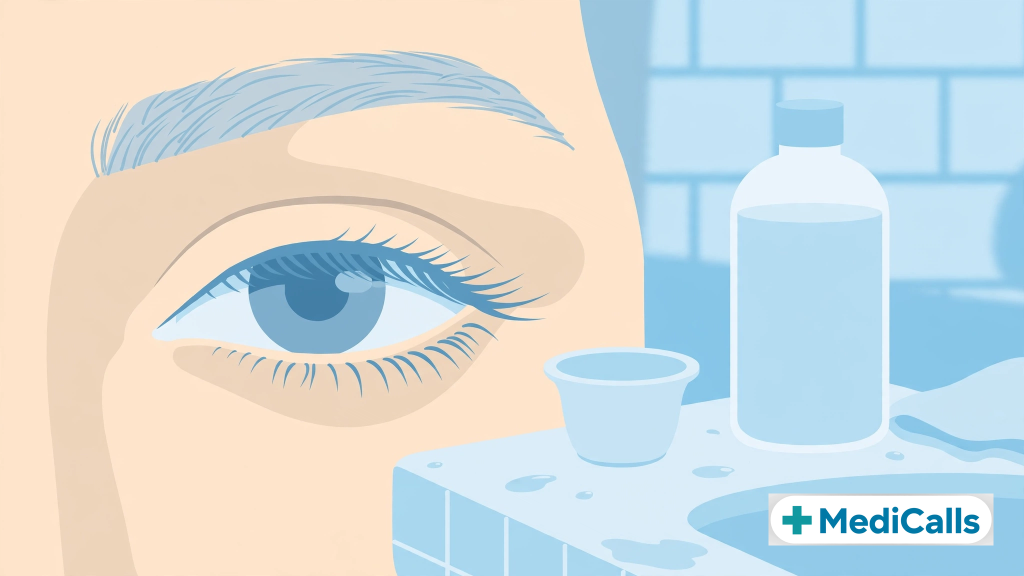 Eye first aid illustrated guide: blink in clean water, flush gently, never rub the eye