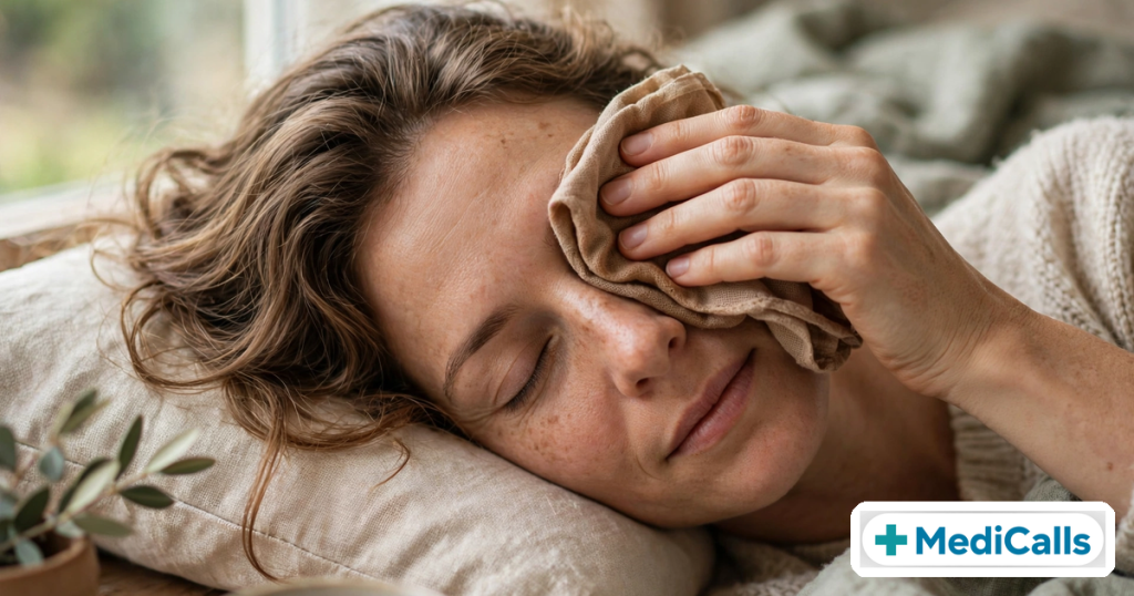 Person resting with eyes closed and a warm compress over the eye