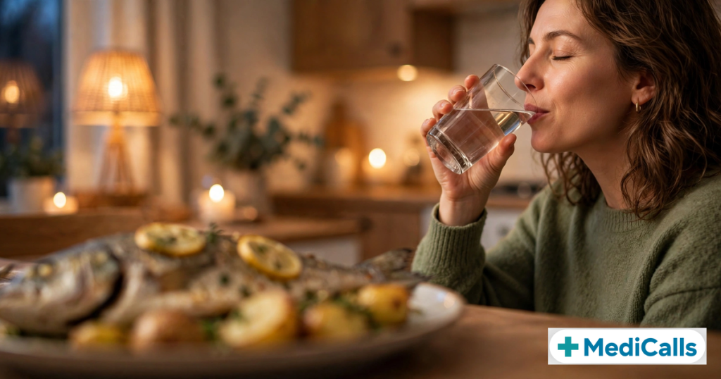Person drinking water at a dinner table with a fish dish, soothing a fish bone stuck in the throat