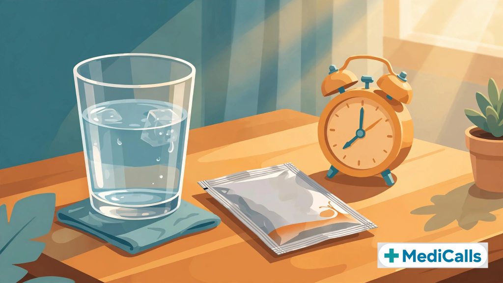 Food poisoning first aid: glass of water, ORS sachets and bland foods for the first 2 hours