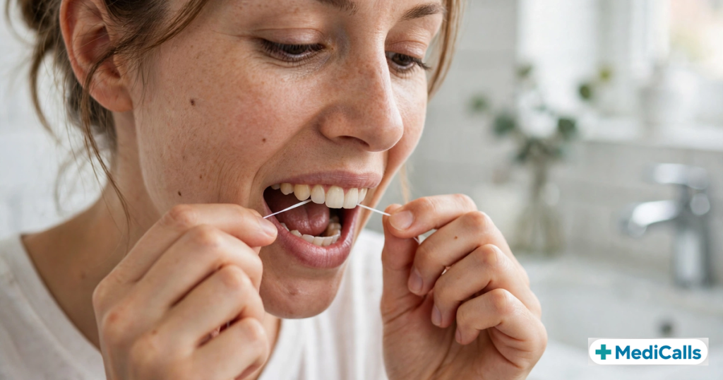 Woman flossing between her teeth — removing food stuck between teeth
