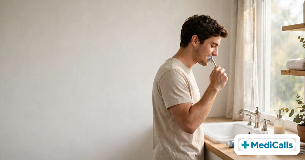 Person brushing teeth gently at a bathroom sink