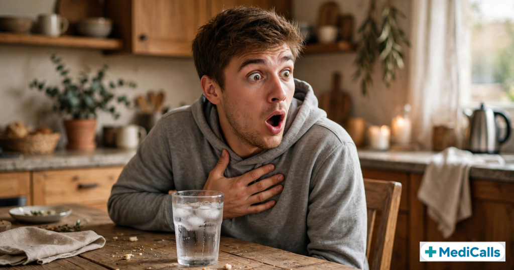 Young man hiccuping at the dinner table with a glass of cold water nearby