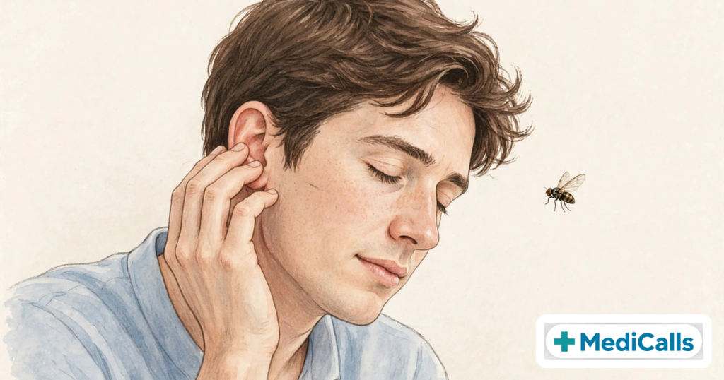 Person tilting head holding their ear with an insect flying away