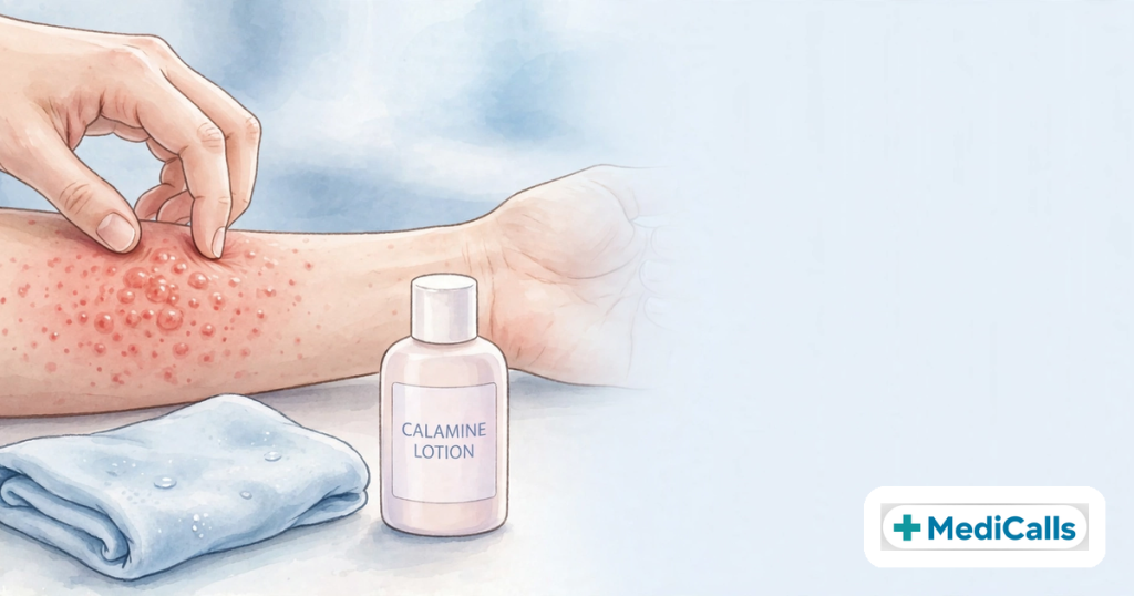 Itchy skin rash on forearm with calamine lotion and cool compress