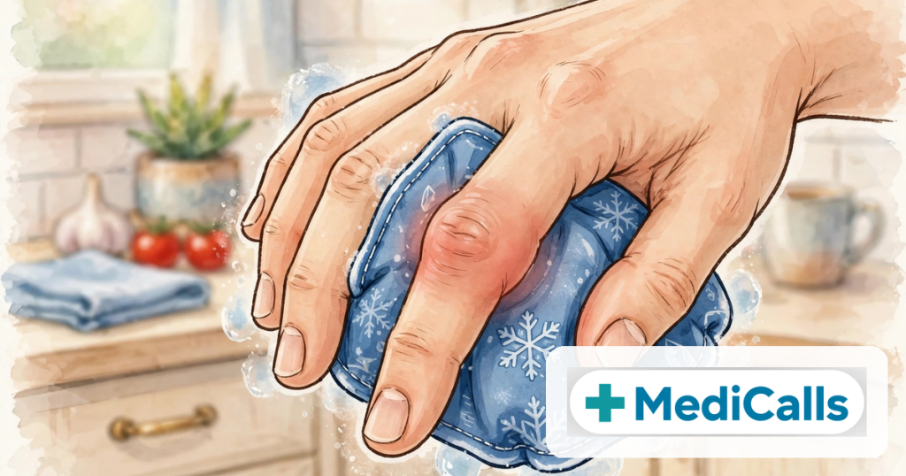 A hand holding an ice pack on a swollen jammed finger