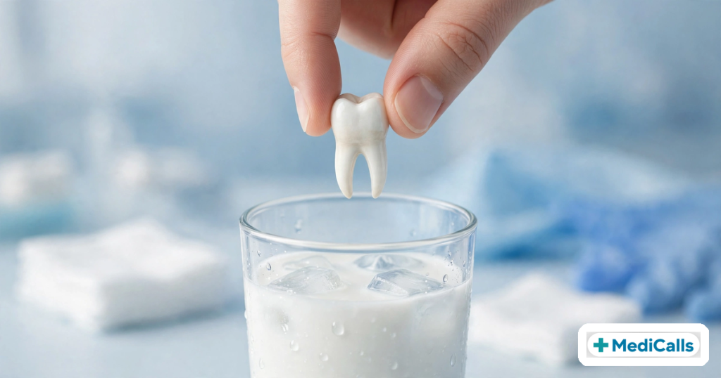 Fingers holding a knocked-out tooth by its crown over a glass of cold milk — dental first aid