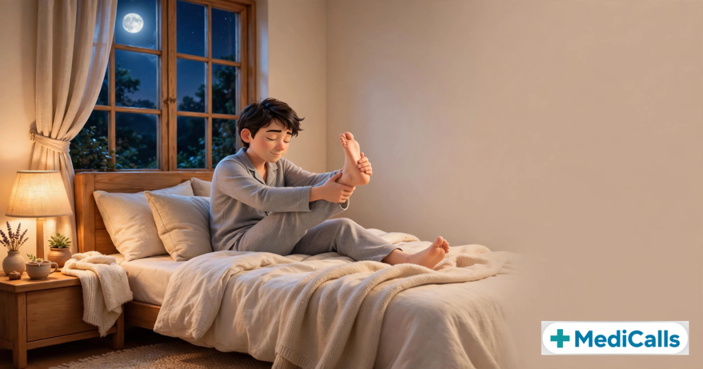 Person stretching a leg cramp in bed at night — MediCalls