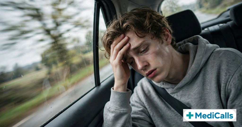 Young passenger looking queasy in a moving car, blurred road outside the window