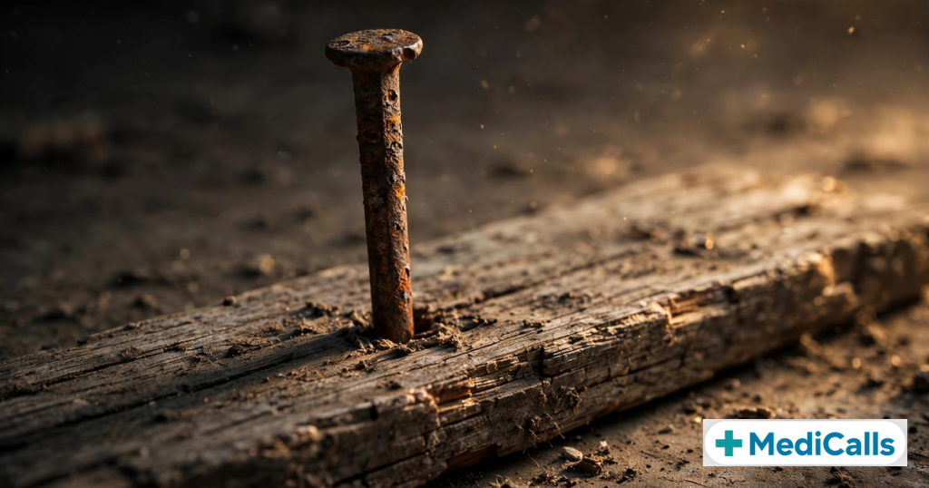 Rusty nail sticking out of a weathered wooden plank