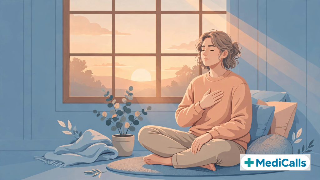 Panic attack 5-minute calming protocol: sit down, slow breathing 4 in 6 out, 5-4-3-2-1 grounding