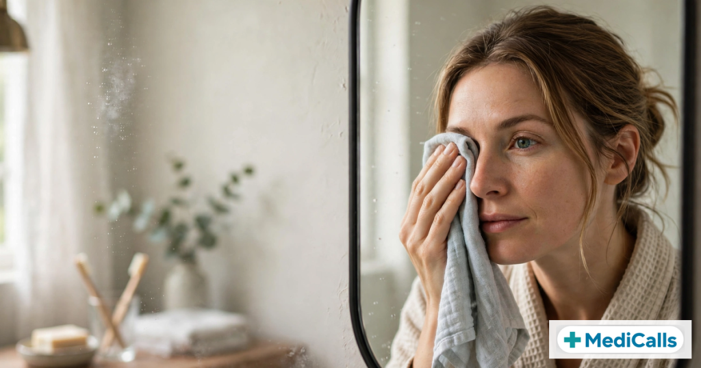 Woman holding a cool cloth over her puffy eye in front of a mirror