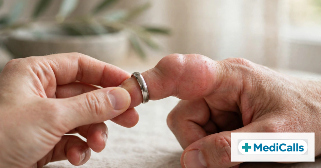 Close-up of a swollen finger with a stuck ring, with the MediCalls logo