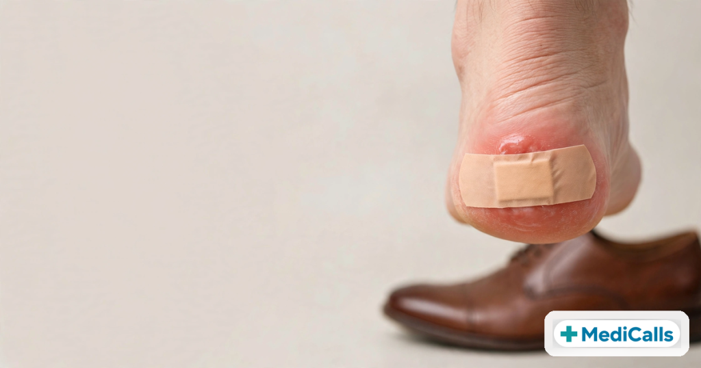 Shoe bite blister on heel with bandage and new shoe