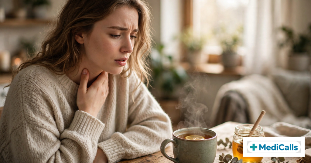 Woman holding her throat beside a warm mug of honey tea — early sore throat relief