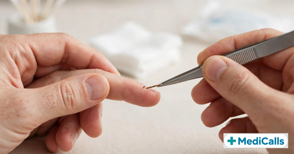 Removing a splinter from a finger with tweezers — MediCalls quick first-aid guide
