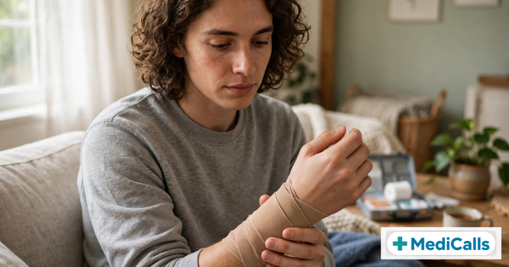 Person holding a sprained wrist with an ice pack