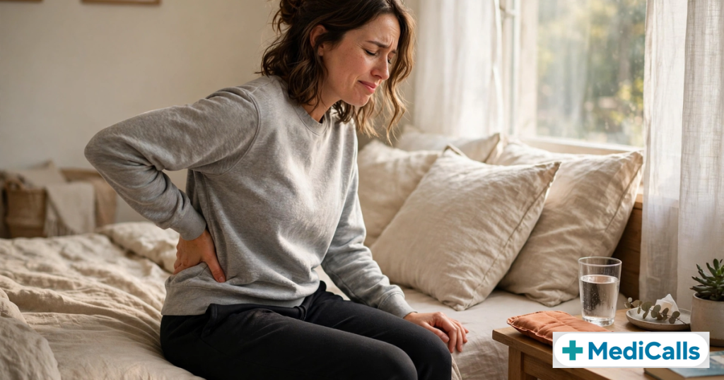 Sudden back spasm relief — woman holding her lower back at home