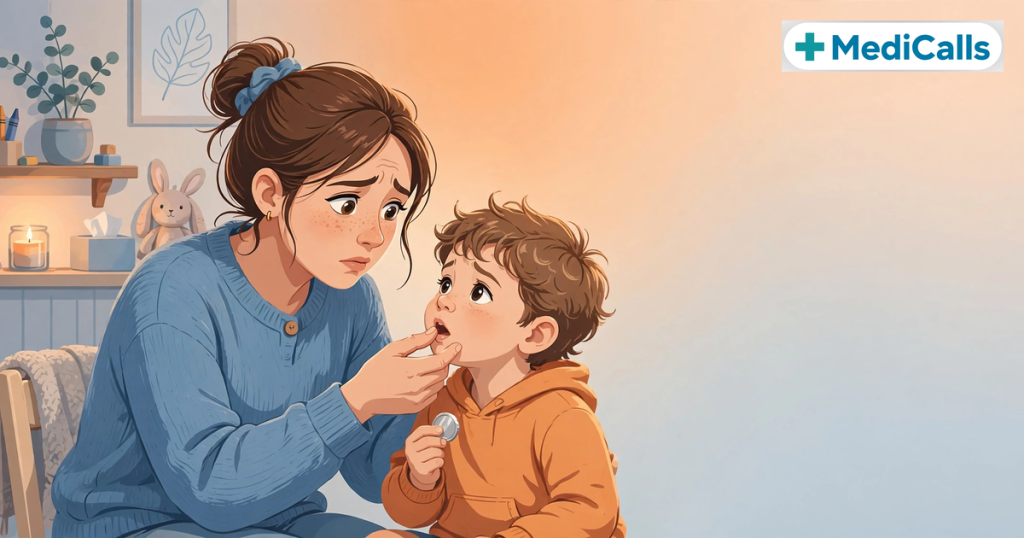 Illustration of a worried mother checking her young child who has swallowed a coin
