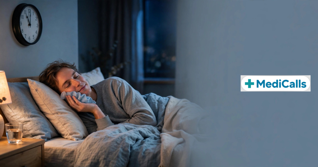 Woman holding her cheek in pain — toothache relief at night