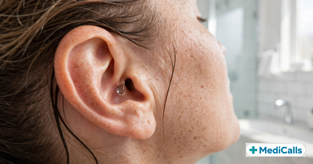 Close-up of an ear with a water droplet after swimming