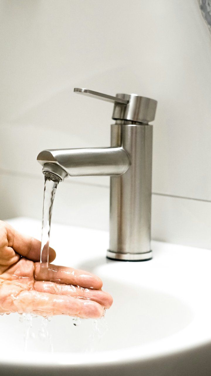 Cooling a burnt hand under cool running tap water