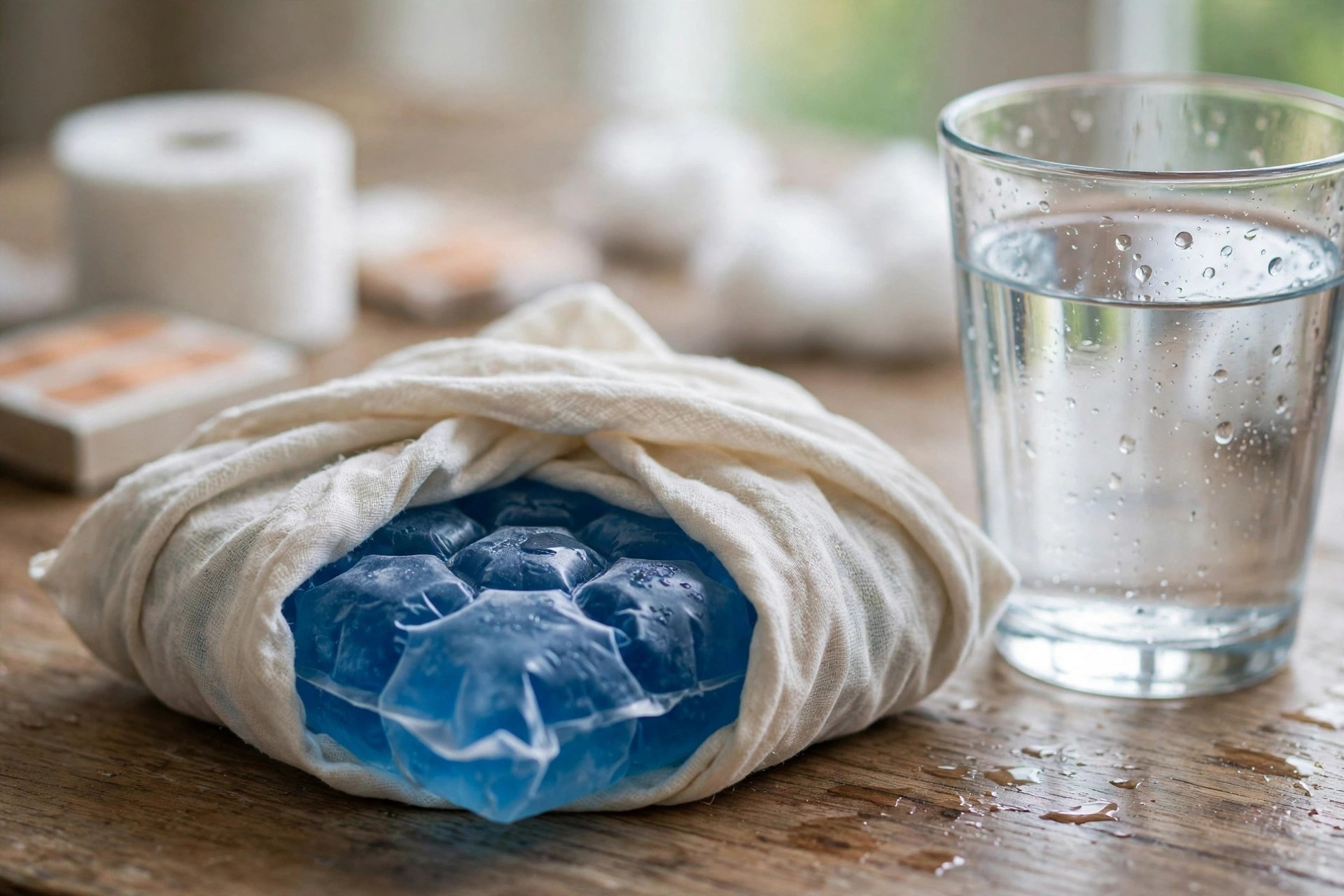 A gel ice pack wrapped in cloth next to a glass of water, ready for a head bump
