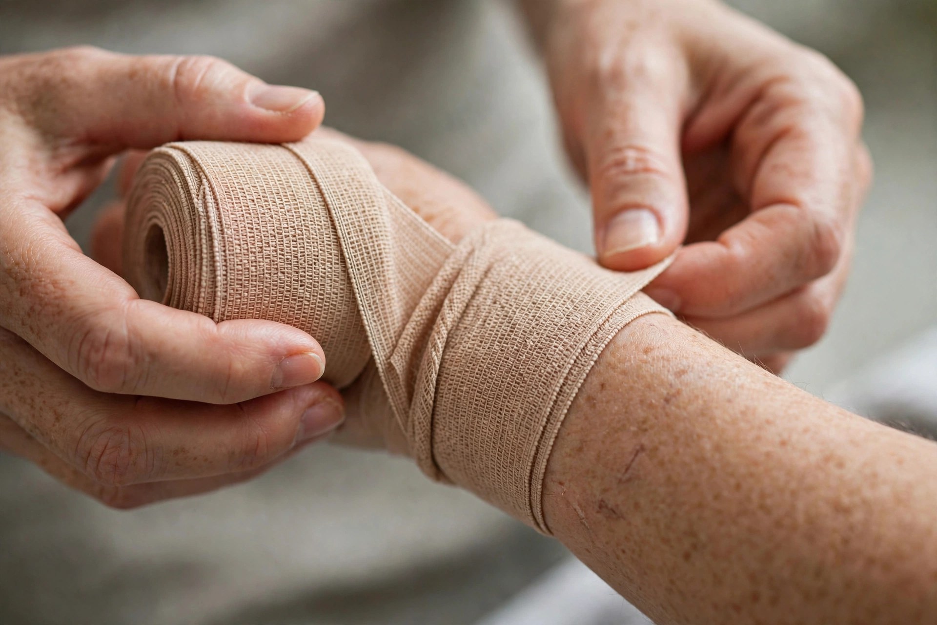Wrapping an elastic bandage around a sprained wrist