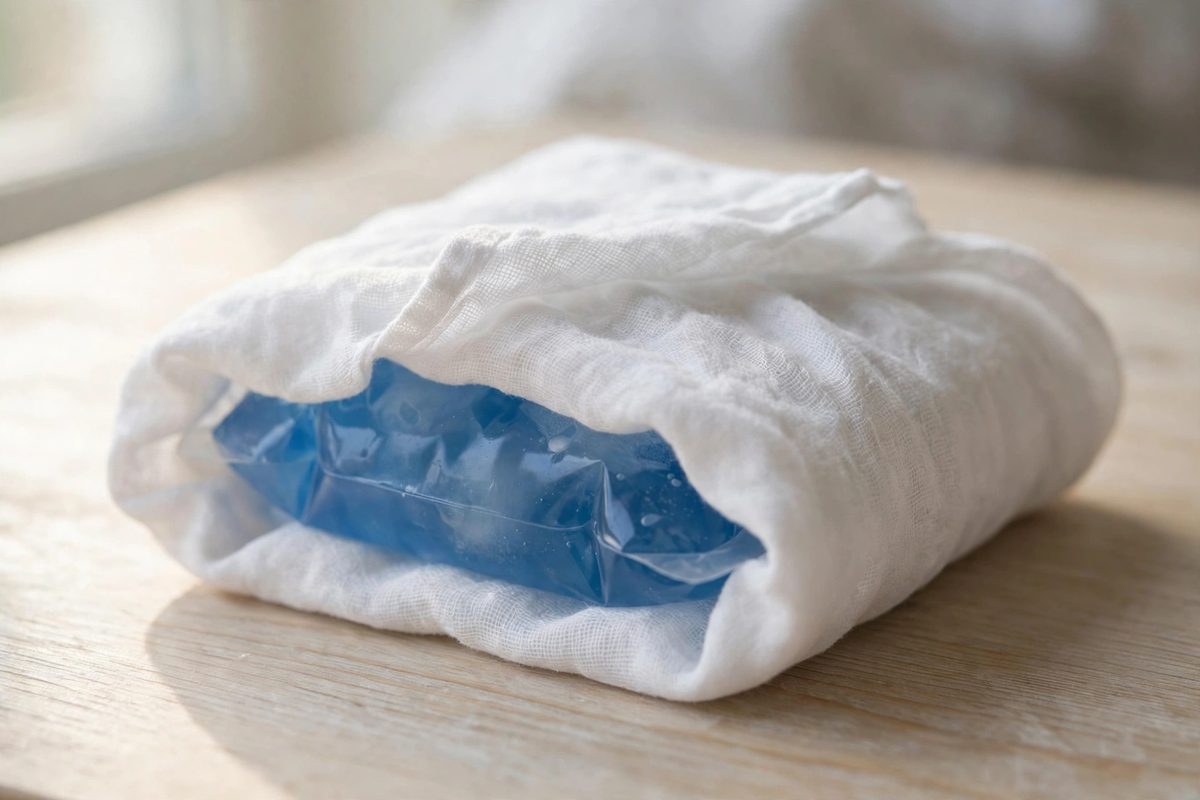 Blue gel ice pack wrapped in a cloth for sting swelling